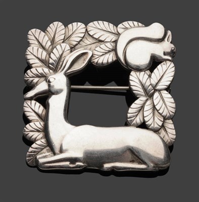 Lot 397 - A Silver Georg Jensen Brooch, the square form depicts a doe at rest and a squirrel, measures...