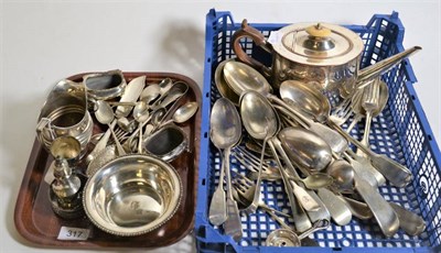 Lot 317 - Assorted small silver items to include a cream jug; various condiments; teaspoons; sugar tongs etc