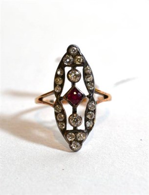 Lot 324 - A ruby and diamond navette cluster ring, unmarked, finger size P1/2