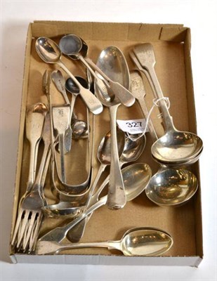 Lot 327 - A small quantity of assorted, mostly Victorian, fiddle pattern flatware, including three sauce...