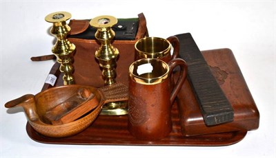 Lot 340 - A Mouseman ashtray; a carved wooden regimental cigarette box; regimental carved tankards; a pair of