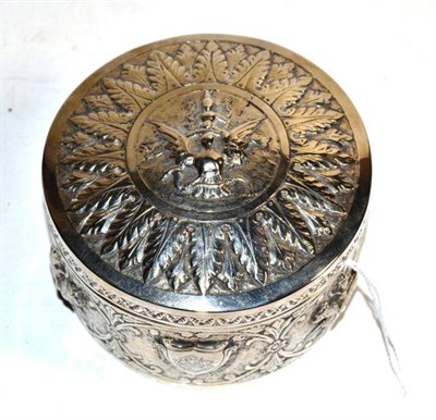 Lot 344 - A south east Asian white metal circular box and cover, marked DC 90, circa 1900, decorated in...