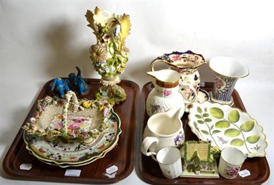 Lot 349 - Two trays of English ceramics including floral and shell encrusted basket; flower encrusted vase; a