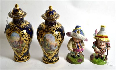 Lot 352 - Two Royal Crown Derby Mansion House dwarf figures and a pair of Dresden vases and covers