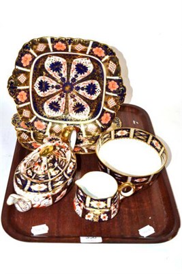 Lot 356 - Royal Crown Derby Imari teawares comprising tea pot, cream and sugar and two cake plates