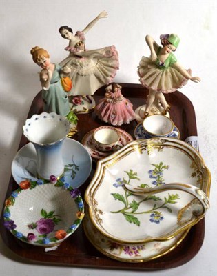 Lot 359 - A tray including three German china figurines; a Coalport miniature trio; Spode miniature; blue and