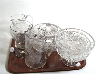 Lot 361 - Tray including celery vase; and two engraved glass water jugs