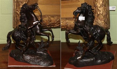 Lot 382 - A pair of bronze Marley horses, bases bearing mark Coustou, after the antique