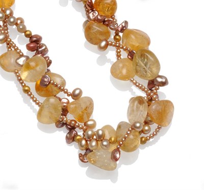 Lot 405 - A Citrine, Dyed Cultured Pearl and Keshi Pearl Necklace, citrine pebbles strung with pearls in hues