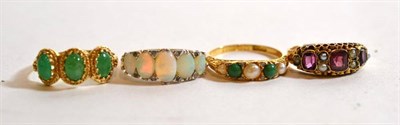 Lot 394 - An 18 carat gold Victorian green cabochon and seed pearl ring, finger size N; a Victorian...