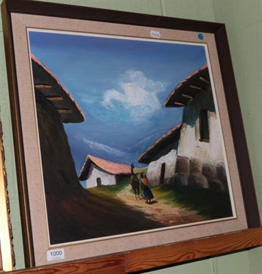 Lot 1000 - J Vela (20th Century) Peruvian, 'Sunset in the Andes', signed oil on board, 48.5cm by 51.5cm