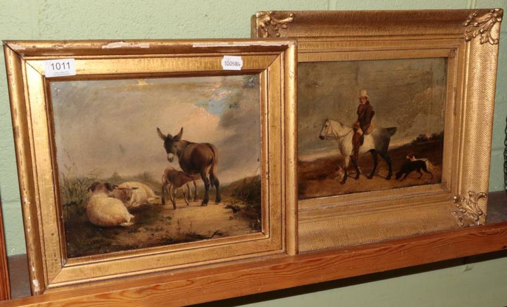 Lot 1011 - British School, 19th century, Mounted gentleman with gun and hunting dogs, oil on canvas;...