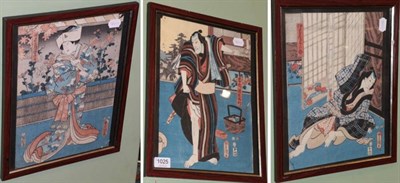 Lot 1025 - Three early 20th century Japanese prints, studies of actors, after Kunisada
