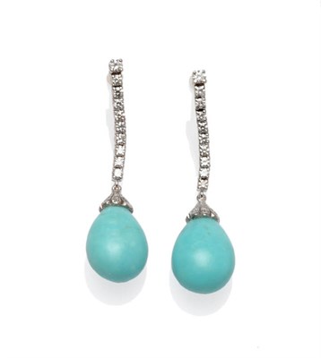 Lot 409 - A Pair of 18 Carat White Gold Turquoise and Diamond Drop Earrings, each comprises a row of ten...