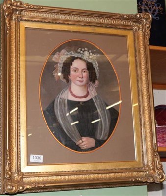 Lot 1030 - English School (19th Century), half length portrait of a lady in a black dress, oil on canvas,...