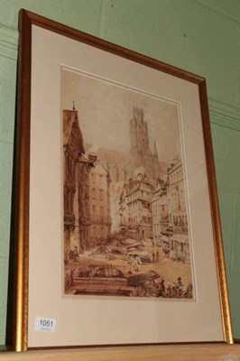 Lot 1051 - Circle of Samuel Prout, French Cathedral town, watercolour