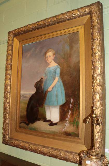 Lot 1068 - British School (19th century), A girl in a blue dress with a Gordon Setter, oil on canvas, 99cm...