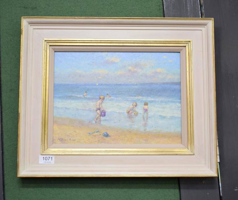 Lot 1071 - William Burns (b.1923), ''Children on an Essex Beach'', signed, oil on board, 23.5cm by 32.5cm