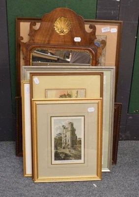 Lot 1072 - A Georgian style walnut framed mirror; a framed carriage print; two coloured engravings; a...