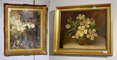 Lot 1080 - After Walter Osborne, a cottage garden, offset lithograph together with a still life of flowers...