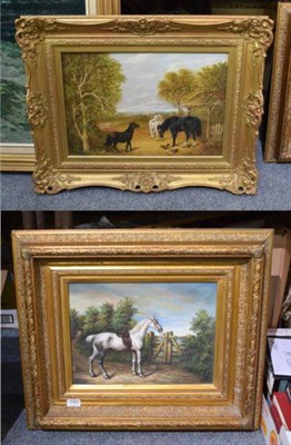 Lot 1081 - After J.F. Herring, three horses in farmyard, bearing signature, oil on canvas, gilt and gesso...