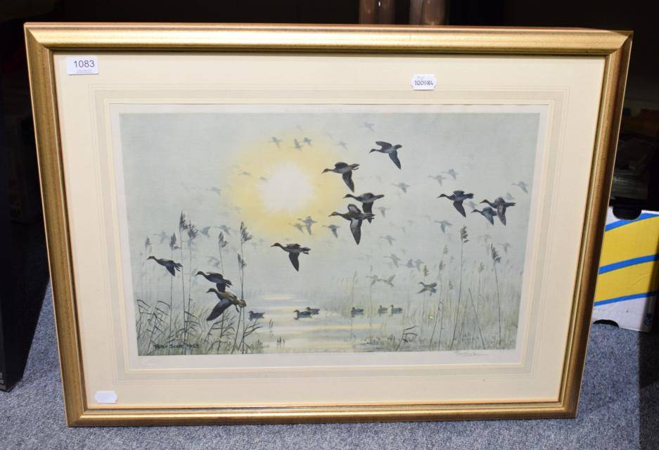 Lot 1083 - After Peter Scott, Ducks in flight over marshland, limited edition giclée