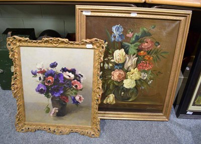 Lot 1085 - Jan Tuche (20th century) still life of flowers including posies and irises, oil on canvas, together