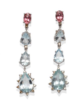 Lot 416 - A Pair of Pink Tourmaline, Aquamarine and Diamond Drop Earrings, an oval cut pink tourmaline...