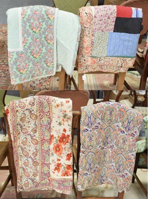 Lot 1109 - Patchwork quilt with floral border and reverse, pale green quilt with floral border, paisley...