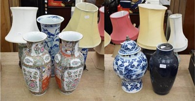 Lot 1113 - Eight Oriental vases (all 20th Century), five drilled or fitted as lamps, some af, together...