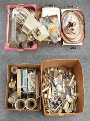 Lot 1131 - An accumulation of silver plated items including flatware, chafing dish stands, trays,...