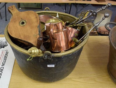 Lot 1141 - A 19th century brass log bin, together with a quantity of various copper, brass and other metal...