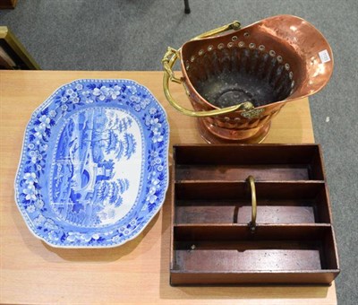 Lot 1155 - A Georgian mahogany three division cutlery tray with brass handle, a Spode blue and white pearlware