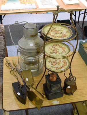 Lot 1181 - Miscellaneous items including a cake stand; a lamp and a flat iron