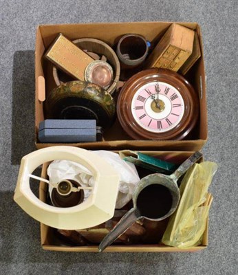 Lot 1190 - Two boxes of miscellaneous including a wall timepiece, wooden pail, Islamic copper jug (af),...