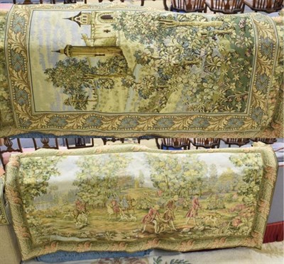 Lot 1197 - Machine made tapestry depicting a hunting scene, 94cm by 200cm, together with another (2)