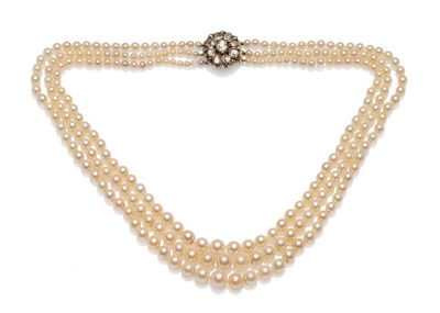 Lot 425 - A Cultured Pearl Three Row Necklace, the 76:79:83 graduated cultured pearls knotted to a...