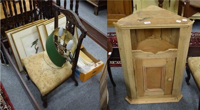 Lot 1200 - Framed book plates; a pine corner cupboard; a nursing chair; and a lamp