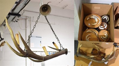 Lot 1215 - Antler Furniture: A Red Deer Antler Mounted Hanging Ceiling Light fitted with three candle...