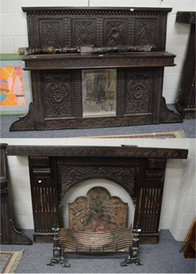 Lot 1244 - A Victorian carved oak fire surround, fire back, dogs and grate