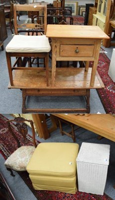 Lot 1261 - A 19th century plank seated chair, a later occasional chair, a pine bedside table, a painted wicker