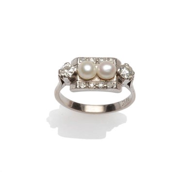 Lot 431 - An Art Deco Diamond and Pearl Ring, two button pearls centrally, with a border of four rose cut...