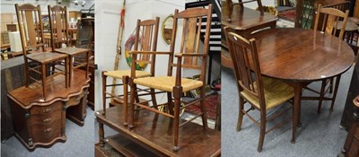 Lot 1270 - An oak gate leg table and a set of four oak rush seated chairs, together with a Victorian...