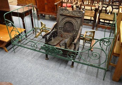 Lot 1274 - Carved oak chair; two wall brackets; iron bedstead