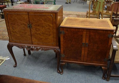 Lot 1281 - A reproduction burr walnut cocktail cabinet, together with a similar tv cabinet (2)