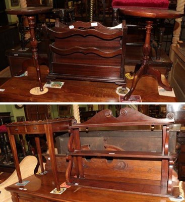 Lot 1328 - A mahogany two drawer occasional table, mahogany three tier hanging shelf, two mahogany...