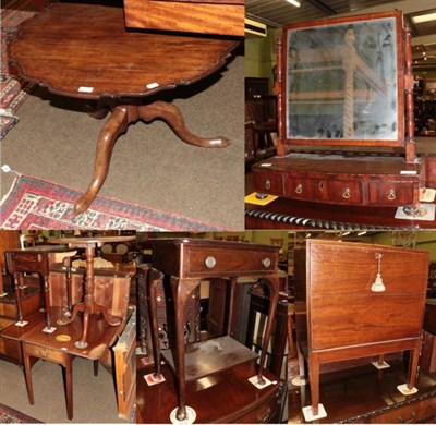 Lot 1336 - A 19th century shaped circular tripod table top on altered later base, together with an oak...