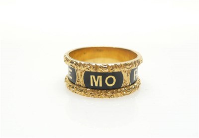 Lot 439 - An 18 Carat Gold Victorian Memorial Ring, a broad chased band ring enamelled in black to read...