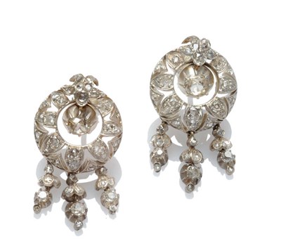 Lot 446 - A Pair of Diamond Drop Earrings, a pierced circular body suspends three drops, set with old cut and