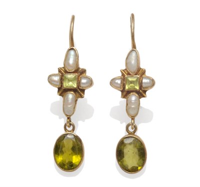 Lot 450 - A Pair of Drop Earrings, a cruciform motif with a step cut peridot centre and four pearl set...